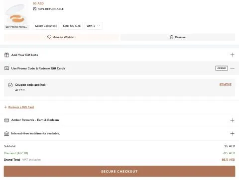 ALC10 applied in the ounass basket: Coupon code applied: ALC10 — Discount (ALC10) -9.5 AED (10%), Grand Total 85.5 AED