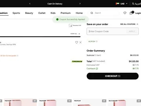 ALM154 applied in the namshi basket: Coupon Successfully Applied! — Cashback AED 7.75 (5%), total unchanged