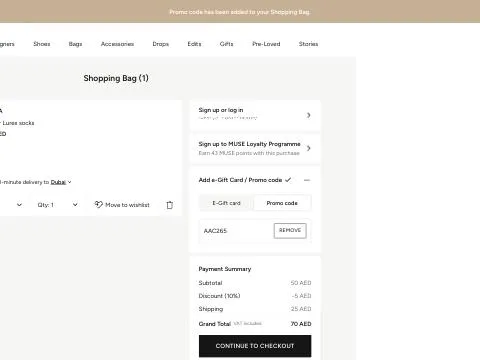 AAC265 applied in the level shoes basket: Promo code has been added to your Shopping Bag. — Discount (10%) -5 AED