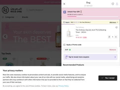 AA9 applied in the nice one basket: Success: Your coupon discount has been applied! — Total (incl. VAT) SAR 61.95 (10% off 68.83)