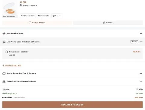 ALM10 applied in the ounass basket: Coupon code applied: ALM10 — Discount (ALM10) -9.5 AED (10%), Grand Total 85.5 AED